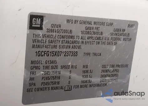 2007 Chevrolet Express Work Van z USA, uszkodzony, nr VIN 1GCFG15X071237383
